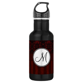 Deep Red on Black Damask and Stripes with Monogram Water Bottle