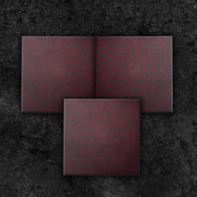 Deep Red Ornate Damask Pattern On Black Ceramic Tile (Creator Uploaded)