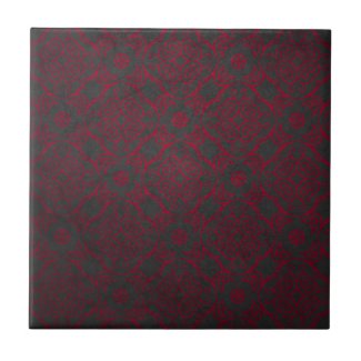 Deep Red Ornate Damask Pattern On Black Ceramic Tile