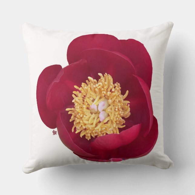 Deep Red Peony Throw Pillow (Back)