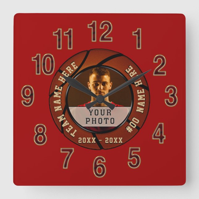 Deep Red Photo and Personalized Basketball Clock (Front)