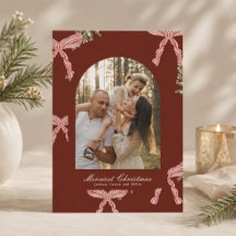 Deep Red Preppy Pink Bow Greenery Christmas Photo
