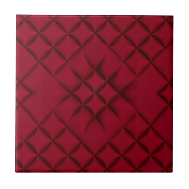 Deep Red Quilted Leather Pattern Ceramic Tile (Front)