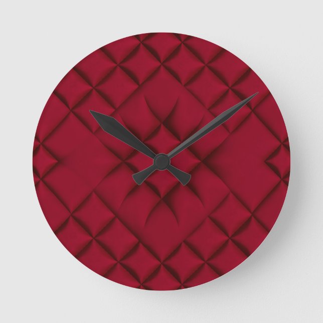 Deep Red Quilted Leather Pattern Round Clock (Front)