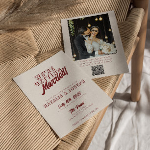 Deep Red Retro Bold Unique QR Code Photo Wedding Invitation