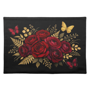 Deep Red Rose Bouquet Gold Leaves Butterflies Cloth Placemat