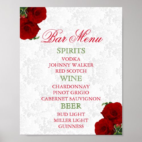 Deep Red Rose Floral Wedding _ Bar Menu Poster