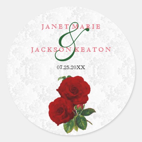 Deep Red Rose Floral Wedding Classic Round Sticker