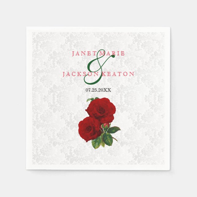 Deep Red Rose Floral Wedding Paper Napkins (Front)
