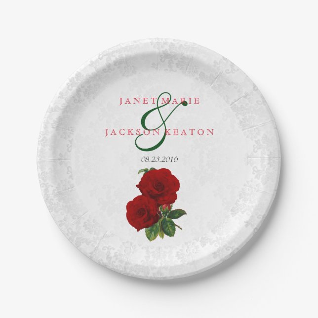 Deep Red Rose Floral Wedding Paper Plates (Front)