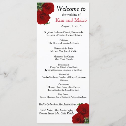 Deep Red Rose Floral Wedding Program