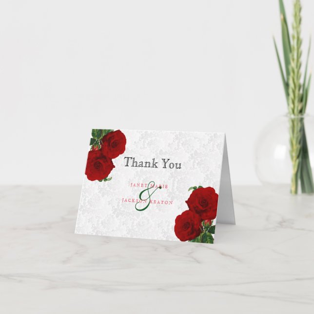 Deep Red Rose Floral Wedding Thank You Card (Front)