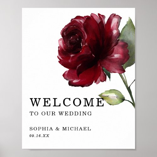 Deep Red Rose Floral Wedding Welcome Sign