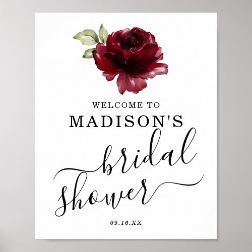 Deep Red Rose Floral Welcome Bridal Shower Sign
