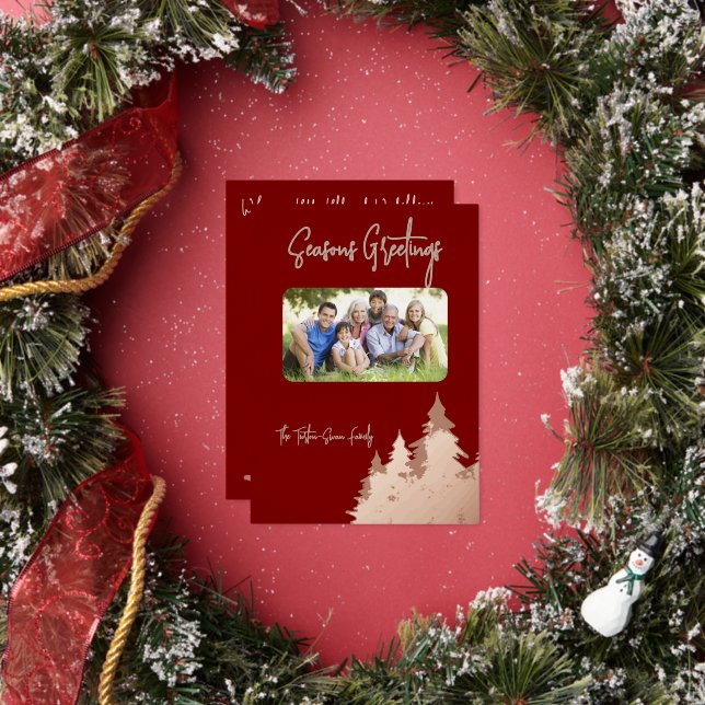 Deep Red & Rose Gold Christmas Trees Photo  Foil Holiday Card (Insitu)