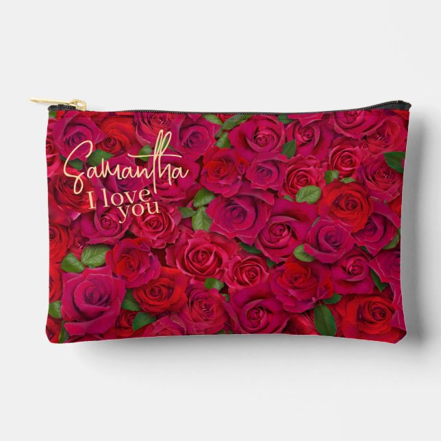 Deep Red Rose Pattern I Love You With Custom Name Accessory Pouch (Front)