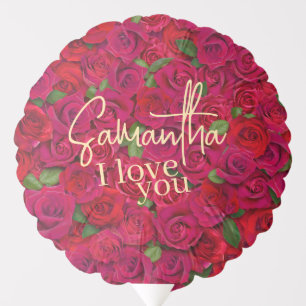 Deep Red Rose Pattern I Love You With Custom Name Balloon