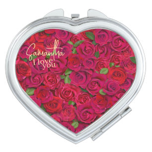 Deep Red Rose Pattern I Love You With Custom Name Compact Mirror