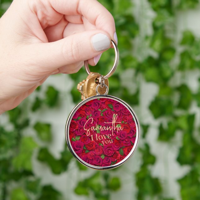 Deep Red Rose Pattern I Love You With Custom Name Keychain (Hand)