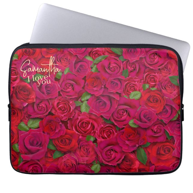 Deep Red Rose Pattern I Love You With Custom Name Laptop Sleeve (Front)