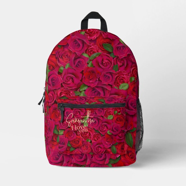 Deep Red Rose Pattern I Love You With Custom Name Printed Backpack (Front)