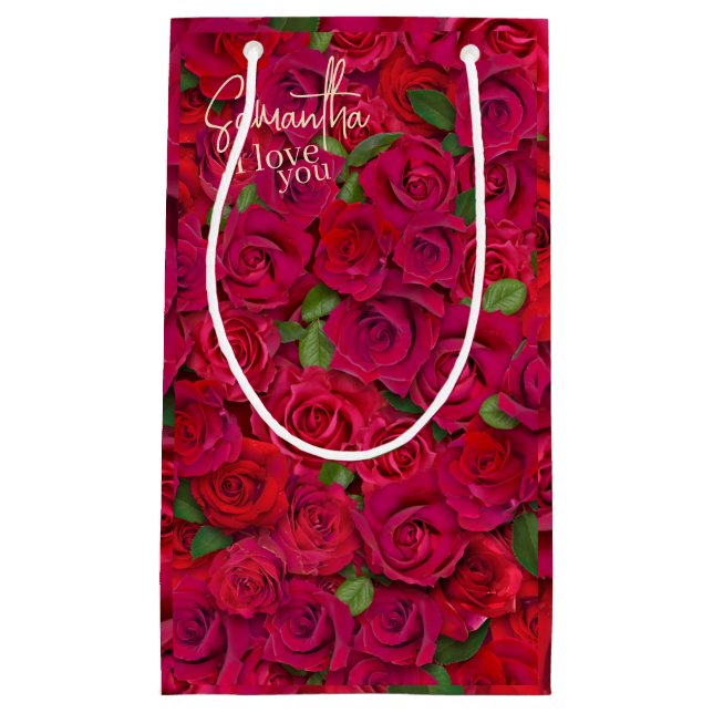 Deep Red Rose Pattern I Love You With Custom Name Small Gift Bag (Front)
