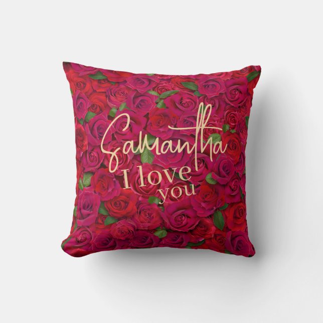 Deep Red Rose Pattern I Love You With Custom Name Throw Pillow (Front)