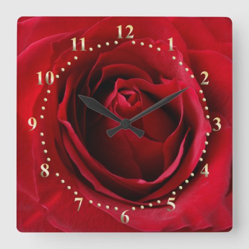 deep red rose square wall clock