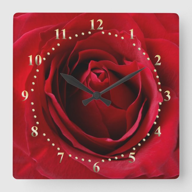 deep red rose square wall clock (Front)