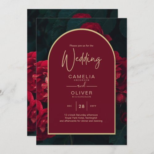 Deep Red Roses Forest Green Winter Wedding Invitation