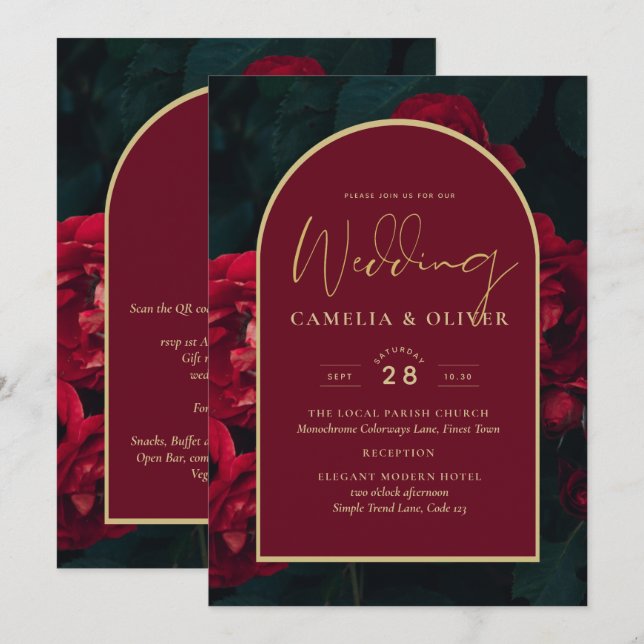Deep Red Roses Forest Green Winter Wedding Invitation (Front/Back)