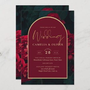 Deep Red Roses Forest Green Winter Wedding Invitation