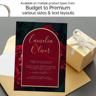 Deep Red Roses Forest Green Winter Wedding Invitation