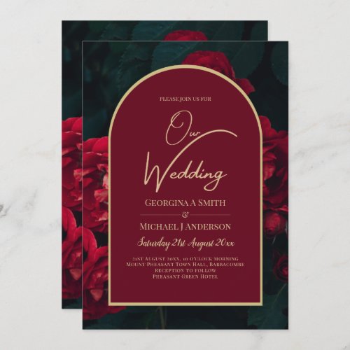 Deep Red Roses Forest Green Winter Wedding Invitation