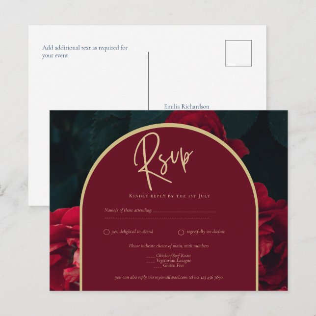 Deep Red Roses Forest Green Winter Wedding RSVP Postcard (Front/Back)