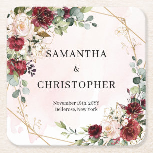 Deep Red roses fresh greenery gold wedding Square Paper Coaster