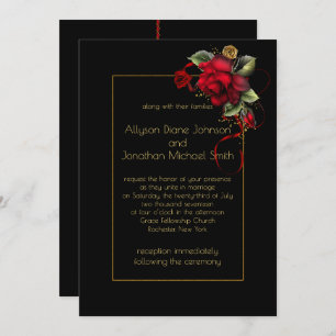 Deep Red Roses Greenery Gold Sparkles Wedding Invitation