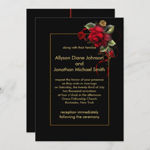 Deep Red Roses Greenery Gold Sparkles Wedding  Invitation