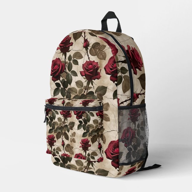 Deep Red Roses With Dark Green Leaves Printed Backpack (Back Corner Right)
