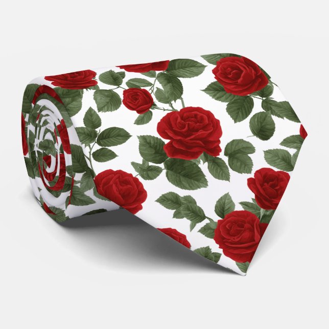 Deep Red Roses with leaves Seamless Pattern Neck Tie (Rolled)