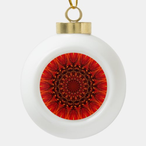 Deep Red Rudbeckia Floral Mandala Ceramic Ball Christmas Ornament