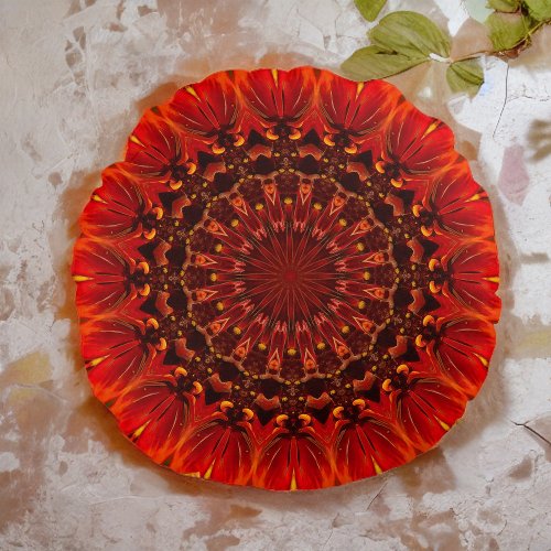 Deep Red Rudbeckia Floral Mandala Round Pillow