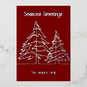 Deep Red & Silver Graphic Christmas Tree Minimal Foil Holiday Card