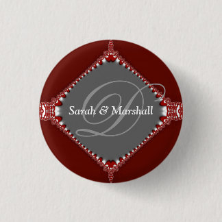 Deep Red+Silver Wedding Monogram Button
