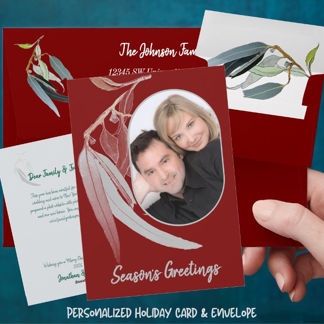 Deep Red & Soft green leaves minimal Christmas Holiday Card (Deep Red Photo Christmas card with Watercolor Eucalyptus Leave and matching envelope)
