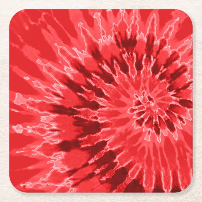 Deep Red Spiral Tie Dye Square Paper Coaster (Front)
