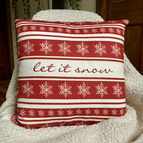 Deep Red Striped Snowflake Let it Snow Pillow