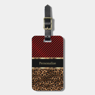 Deep Red Stripes & Leopard Animal - Monogram Luggage Tag