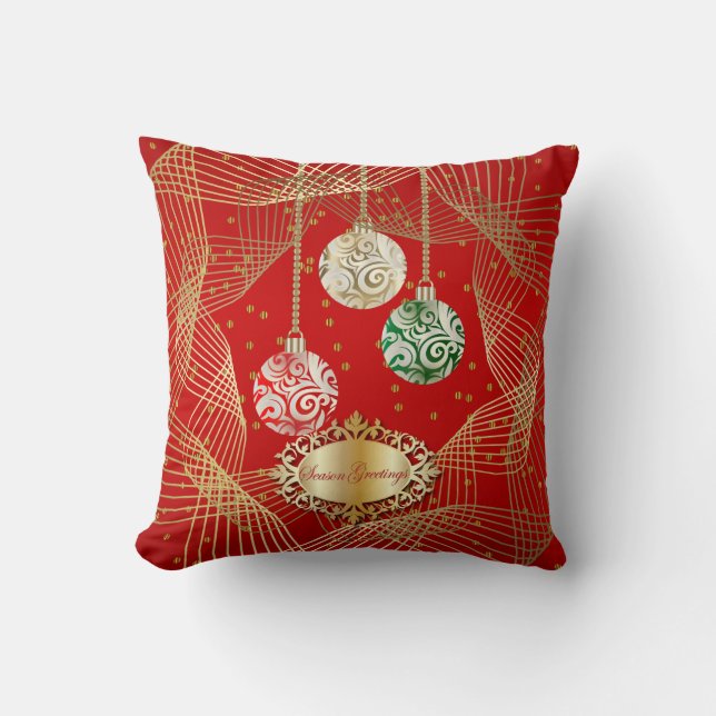 Deep Red & Swirly Gold Dot Christmas Accents Throw Pillow (Front)