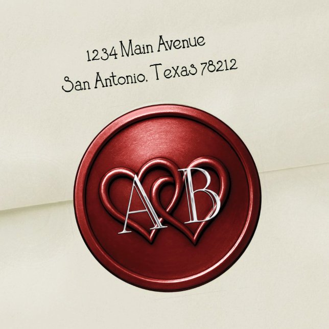 Deep Red Two Hearts Silver Monogram Wedding Classic Round Sticker (Creator Uploaded)